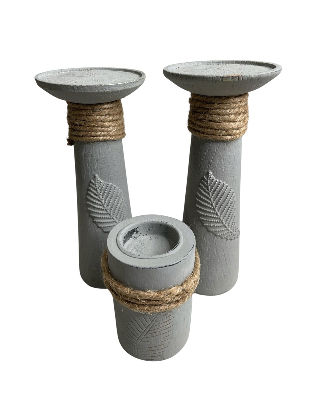 Upcycled Gray Rustic Leaf Wooden Candle Holders with Jute Twine Accent Set of 3